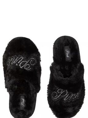 New V.S. PINK Black Bling Bedroom Faux Fur Slippers L